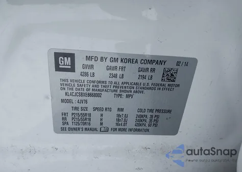 2014 Buick Encore Leather from USA, damaged, VIN KL4CJCSBXEB668002